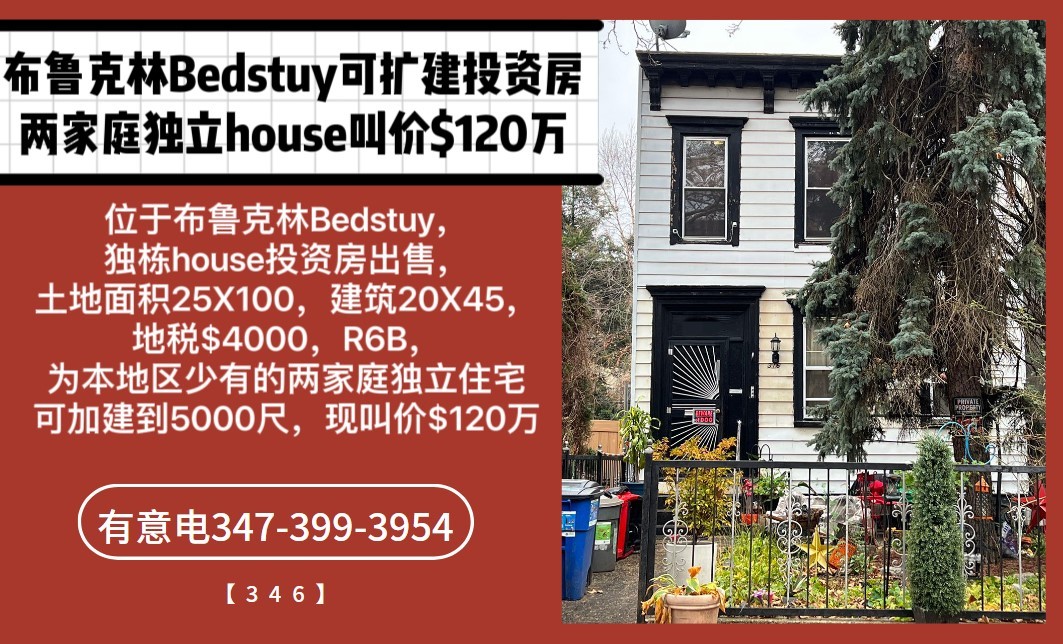 布鲁克林Bedstuy可扩建投资房。独立两家庭120万