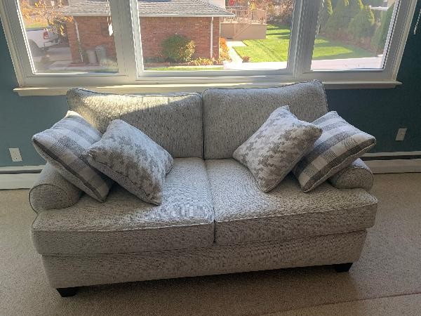 A set of outdoor tables and chairs with parasol holders, a dining table set for 8 people, 3 double sofa sets