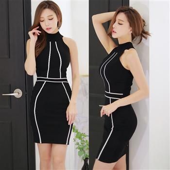 高端定制夏裝韓版性感名媛立領提花拼接條紋針織連衣裙