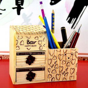 Korean Stationery Log Happy Care Bear Jewelry Box with Double Drawer Pen Holder