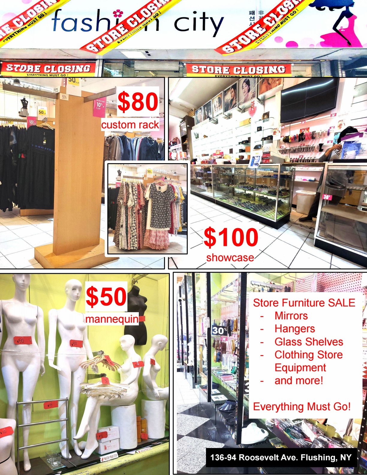 Selling various items in clothing stores at low prices: counters, hangers, mannequins and other clothing-related equipment [Clothing]